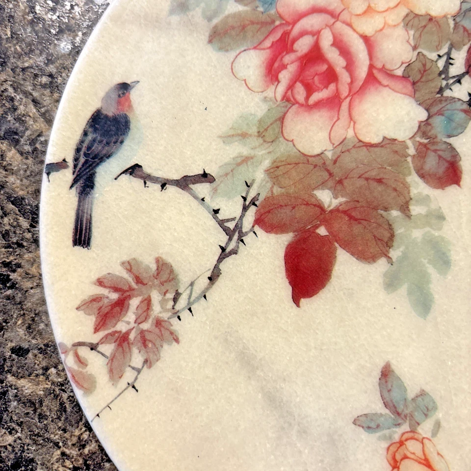 Placa de piedra japonesa vintage de Japón con pájaros policromados y decoración floral del hogar-usada en excelente estado Foto 4 de 4