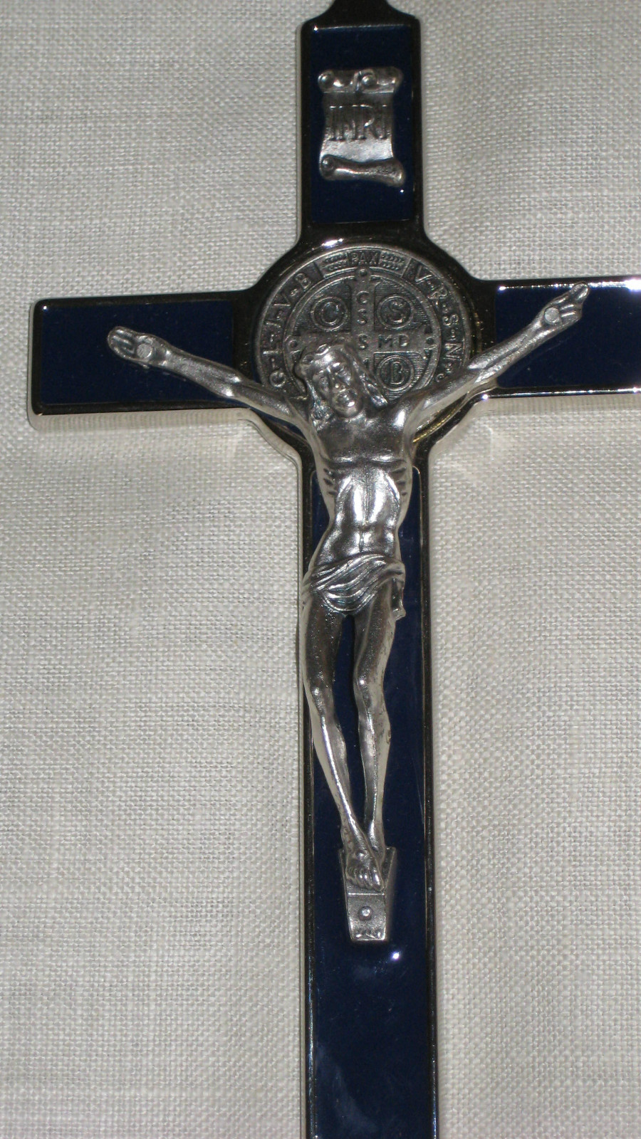 Azul Marino Esmalte Peltre 8" Pared Cruz Crucifijo Italia Inri Latina Medallón