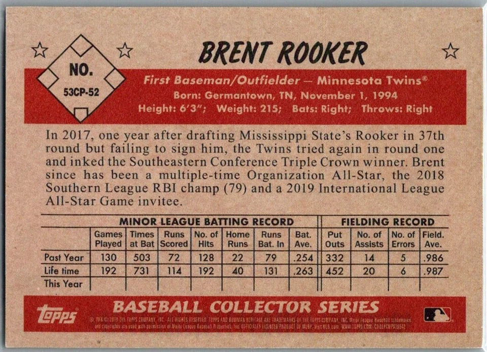 2019 Bowman Heritage Chrome Prospects Brent Rooker Yellow Refractor /75 (RC) - Image 2 of 2