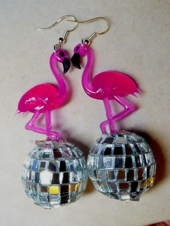 BIG PINK FLAMINGO & 70s and 80s  EARRINGS Glass Silver DISCO BALL LUAU PARTY USA