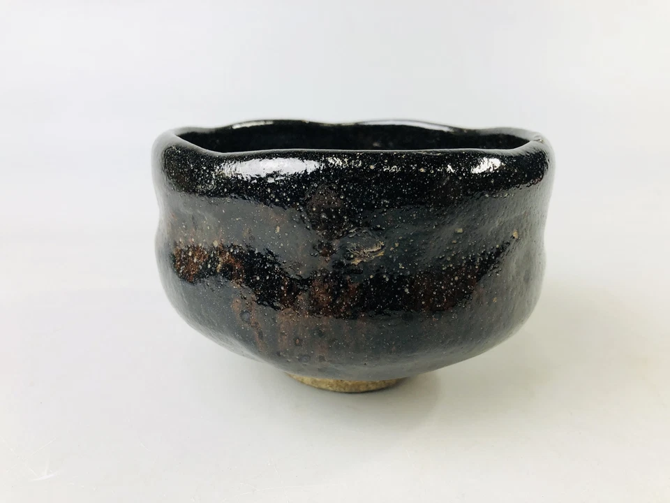 Y7181 CHAWAN Raku-ware cuenco negro caja firmada Japón antigua ceremonia del té cerámica Foto 2 de 4