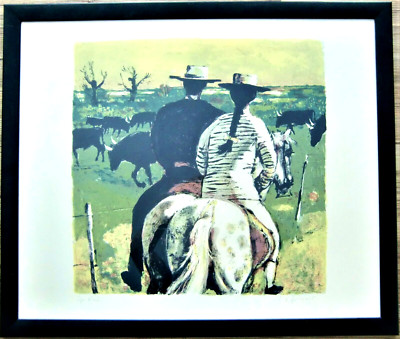 Rolf Gfeller Farblithografie 1965 signiert Pferde Stiere Reiter 66x78cm #141