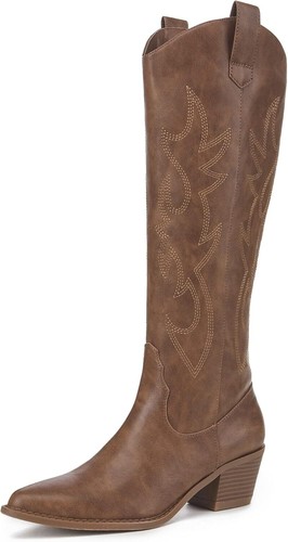 Cowboy Boots Women Knee High Pointed Toe Western Cowgirl Chunky Heel Embroidery