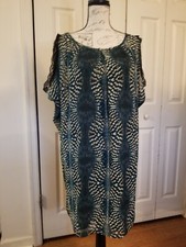 Jessica Simpson Dress Large Green Black Abstract Slvlss Drawstring Tie Back EUC