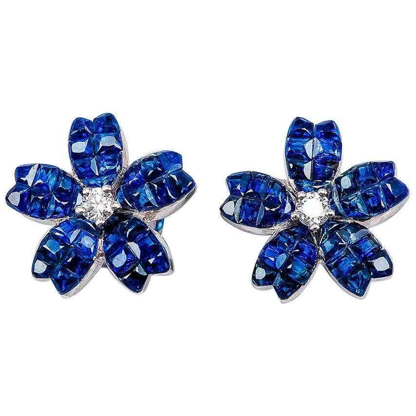 Simulated Princess, Round Cut Sapphire Stud Flower Earrings