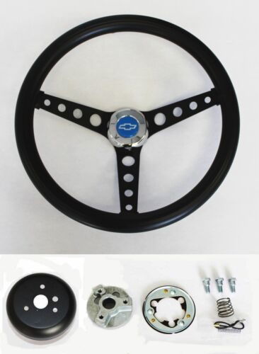 Chevelle Camaro Nova Impala Black on Black Steering Wheel Blue Bowtie 14 1/2" - Picture 1 of 7