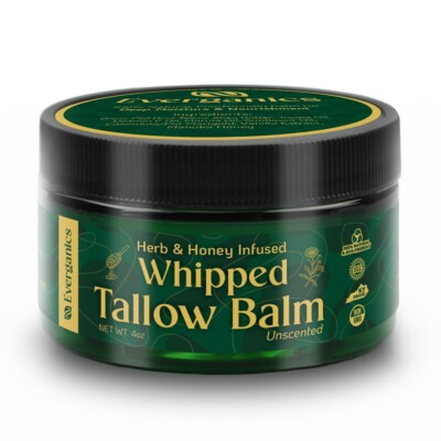 Everganics Handmade | Herb & Honey Infused Whipped Tallow Balm | Unscented, 4oz