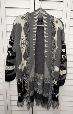 Coco + Carmen Boho Aztec Southwestern Fringe Cardigan Sweater Women s Size S/M