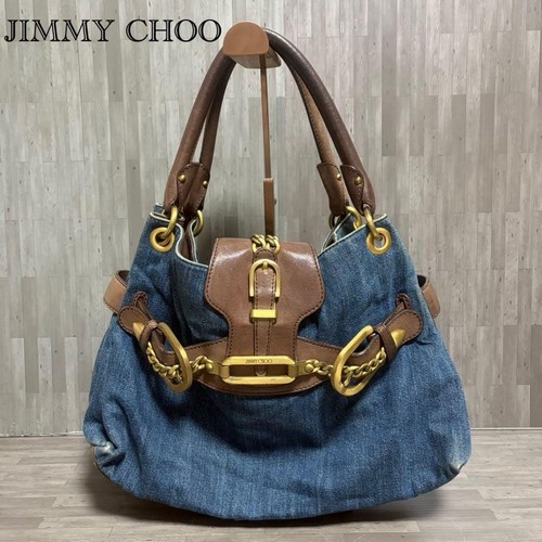 JIMMY CHOO denim tote shoulder brown pocket Used From Japan Women gold chain