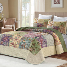 Patchwork Quilt Set King Size, Bohemian Floral Bedspread Green  Beige Coverlet