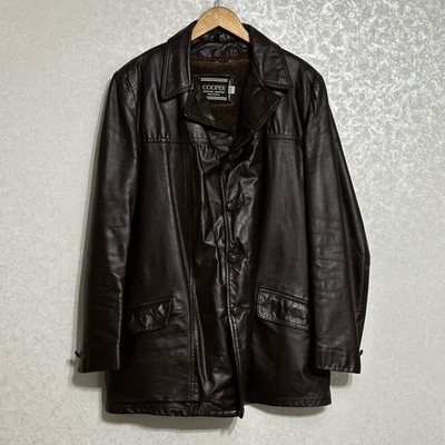 VTG Cooper Brown Leather Car Coat Jacket Made in USA Zip Out Faux Fur Liner 44 L