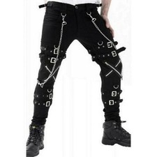 Women Gothic Bondage Rock Black Punk Buckle Zips Chain Strap Trouser/Tripp Pants