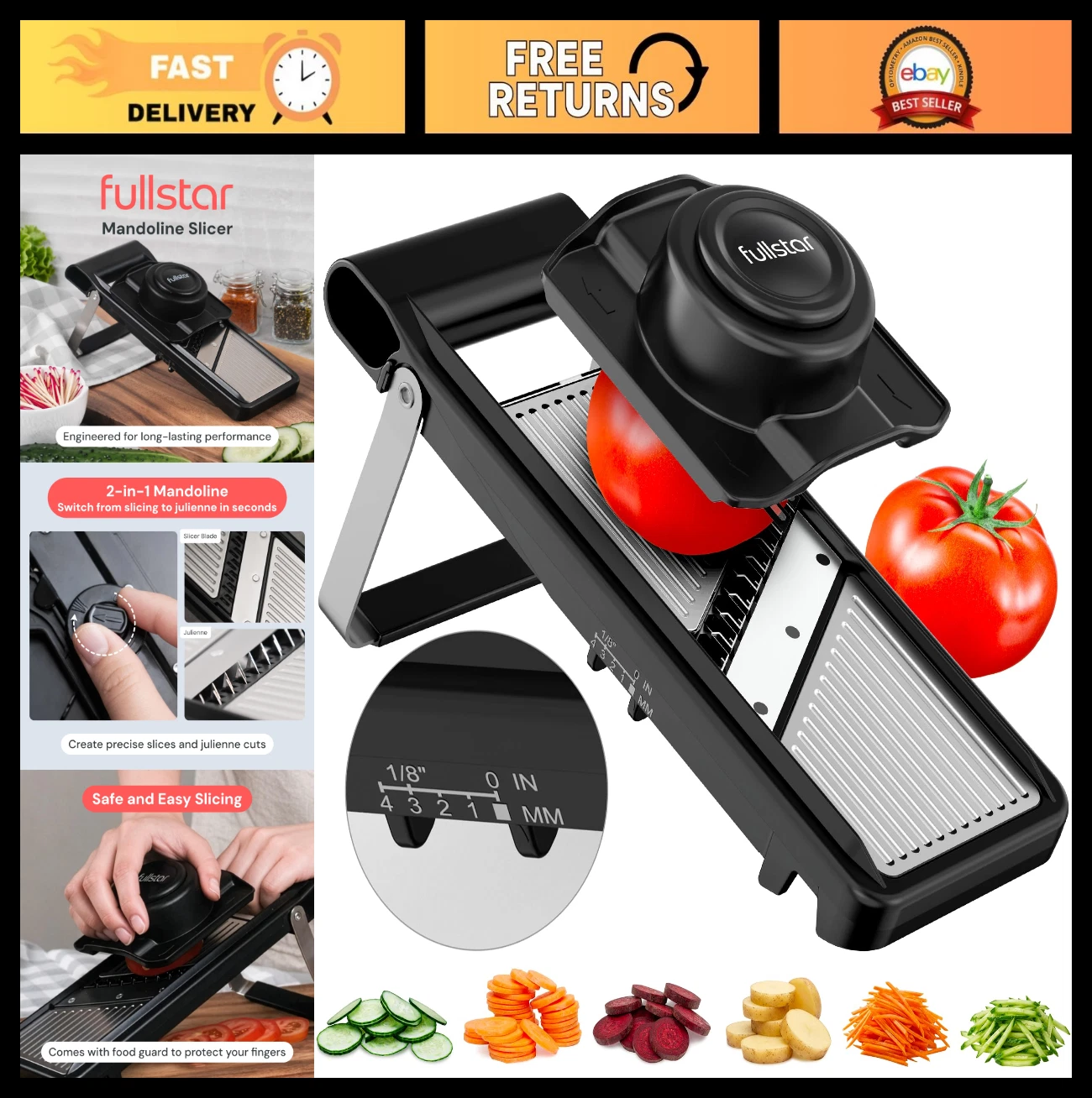 2-in-1 Stainless Steel Mandoline Slicer - Adjustable Thickness, Julienne Blade f