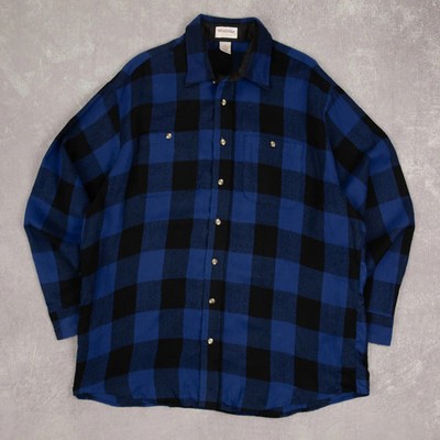 Vintage 90s Checked Wool Style Flannel Shirt XL Made in Korea Herren Blau Kariert
