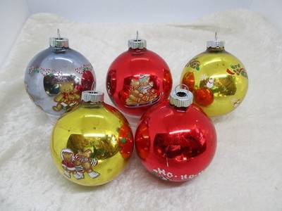 Vintage Set of 5 Shiny Brite Ornaments w/Painted/Stenciled Trees/Bears/Snowmen