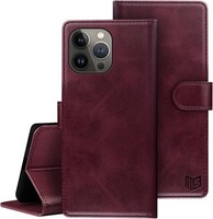 HandyhüLle Leder Dunkler Wein Rfid Schutz KlapphüLle FüR Iphone 15 Pro 6,1 Zoll