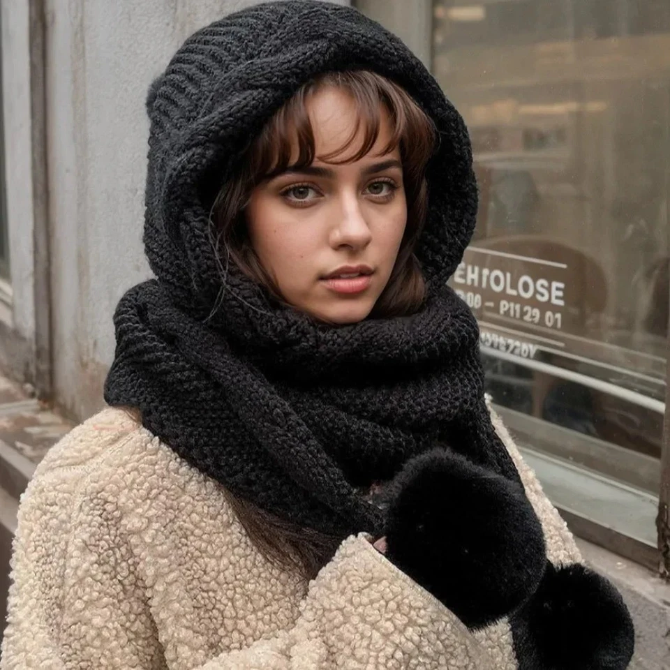 Conjunto de chapéu e cachecol feminino de malha térmica – gorro Pom + capuz para frio extremo - Imagem 3 de 4