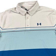 Under Armour The Playoff Polo Golf Performance Striped White Blue Men XL NWT