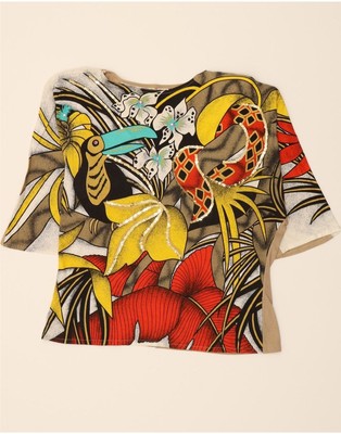 VINTAGE Damen Grafik Top 3/4 Arm UK 18 XL beige Blumen Baumwolle AF10