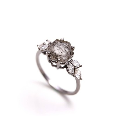 Natural Black Rutile Hexagon Dainty Ring Black Oxidized Sterling Silver Jewelry