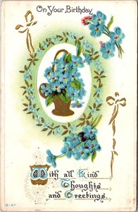 Vintage 1911 Embossed Birthday Postcard Blue Forget Me Nots Handwritten Postmark