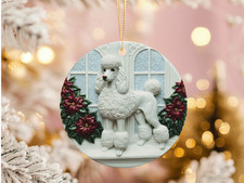 White Poodle Christmas Ornament Elegant Dog Gift Poinsettia Window Ceramic Decor