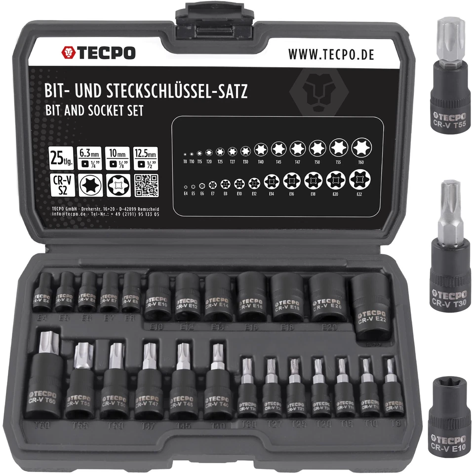 TECPO STECKSCHLÜSSEL SATZ TORX NÜSSE T8-T60 + E4-E22 25-TEILIG 1/4 3/8 1/2 ZOLL - Bild 1 von 4