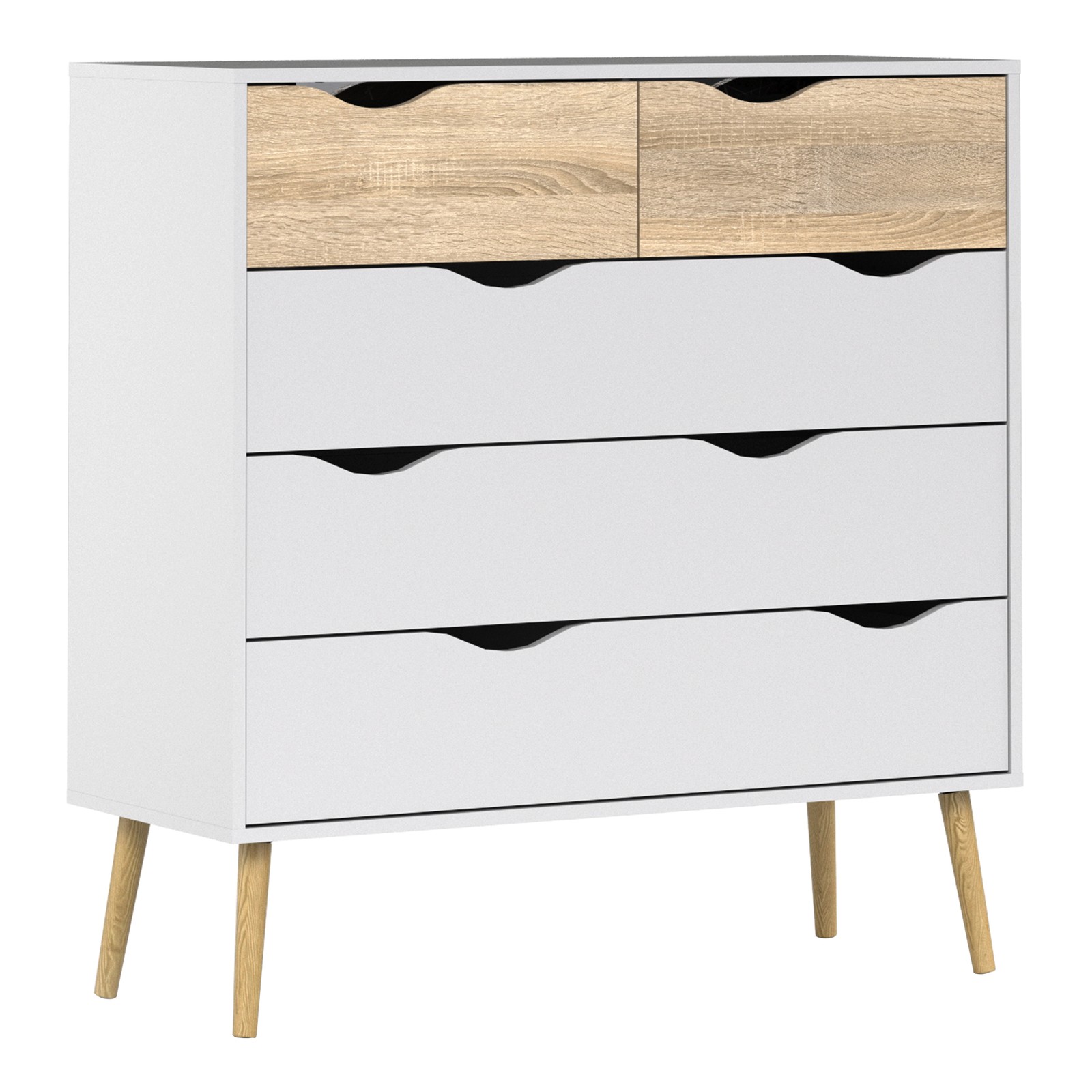 Chest of 5 Drawers - White & Oak, Modern Bedroom Storage Unit, Wide & Sturdy