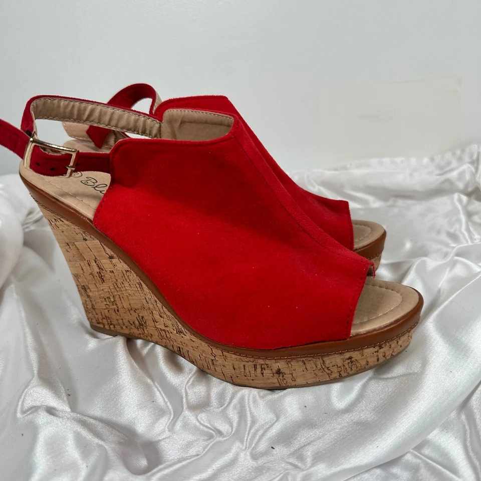 City Classified Red Wedge Sandals Peep Toe Ankle Strap Cork Platform Size 8.5 39 - Image 3 of 4