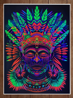 Aztec Shaman Trippy Poster Neon Colors 18x24in