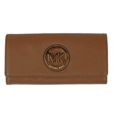 MICHAEL KORS FULTON BROWN LUGGAGE LEATHER+GOLD FLAP CONTINENTAL WALLET,CLUTCH