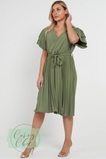 Khaki Green v-neck Wrap Over Pleated Plus Size Midi Summer Dress