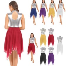 Women Shiny Metallic Chiffon Irregular Hem Keyhole Lyrical Dance Dress Dancewear