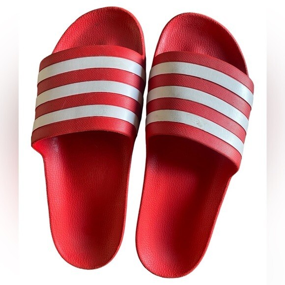 adidas men Red Slide Sandals with White Stripes NEW Adidas Slide Sandals Shoes Mens 18 Red White 3 Stripe  main image 2