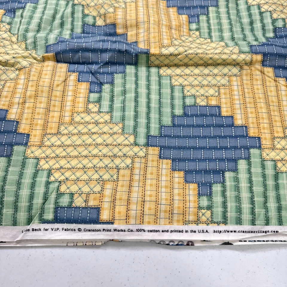 vtg vip cranston fabric cotton green yellow blocks geometric cotton usa 42x88 - Image 4 of 4