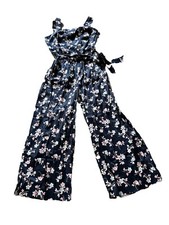 CHARTER CLUB Cotton Navy Floral-Print Jumpsuit Smocked Back Womens Size Medium