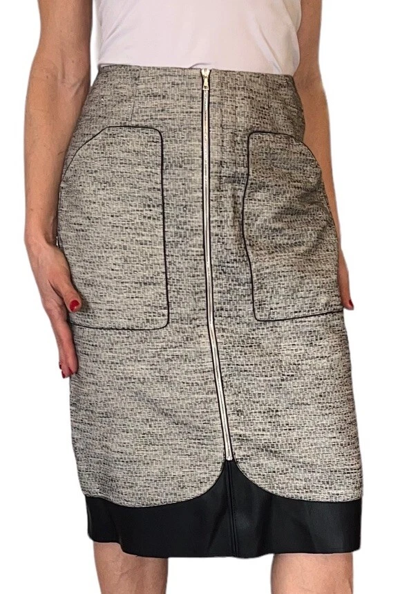 Womens Lela Rose Skirt Linen Straight Pencil Leather Hem Black White Front Zip - Image 4 of 4