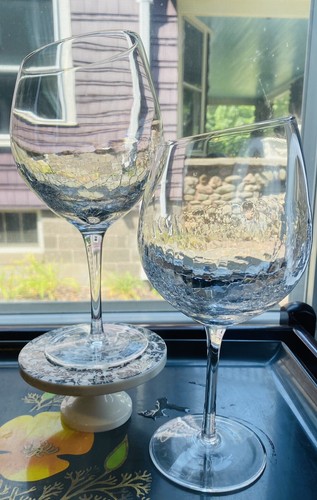 Pier 1 Angled Rim Crackle Balloon Red Wine Glass Goblet Mid Century Set Of 2 - Picture 11 of 12
