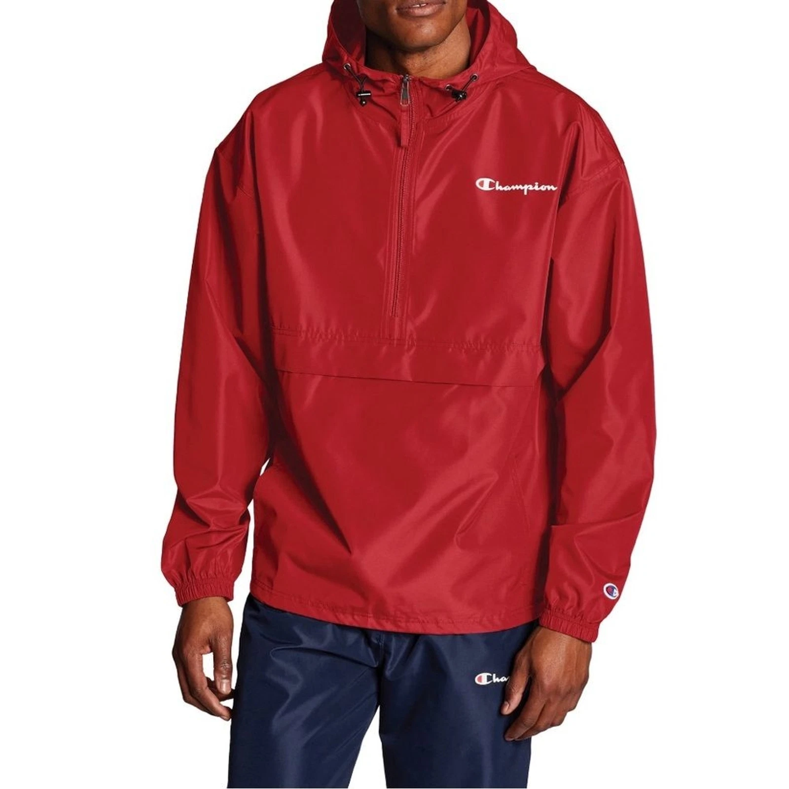 Champion Mens Packable Anorak Half Zip Windbreaker Jacket Red Hooded V0812