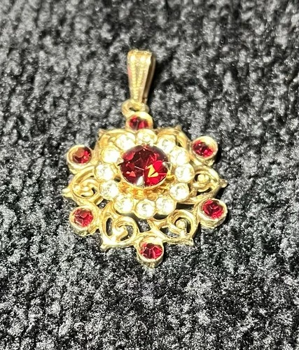 Vintage Gold Tone and Rhinestone Brooch Pendant Costume Jewelry Red Clear