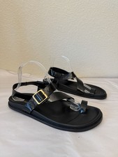 Alohas Women?s Sandels Sz 9 Black Italian Textured Leather Gold Buckle Adj Strap