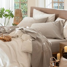 Sheet Set 100 Washed Cotton Queen Heathered Tannish Linen Grey MooMee Bedding
