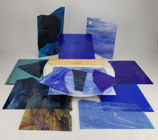 Stained Glass Lot Blue Navy Light Ripple Clear Panel Sheet Pieces Vintage Swirl