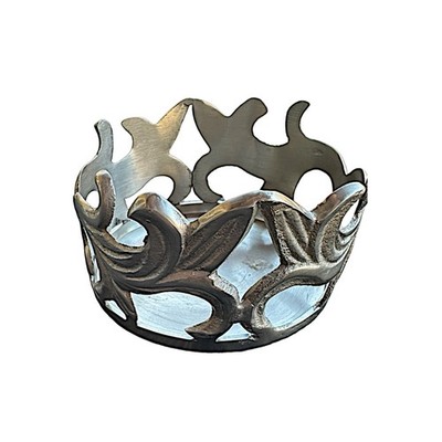 Vintage Silver-tone Pewter Metal Sleeve Candle Holder 3D Cut-out Leaf Design