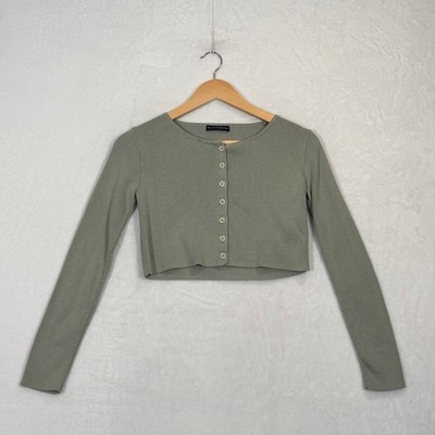 Brandy Melville Sage Green Cropped Ribbed Button Front Cardigan One Size