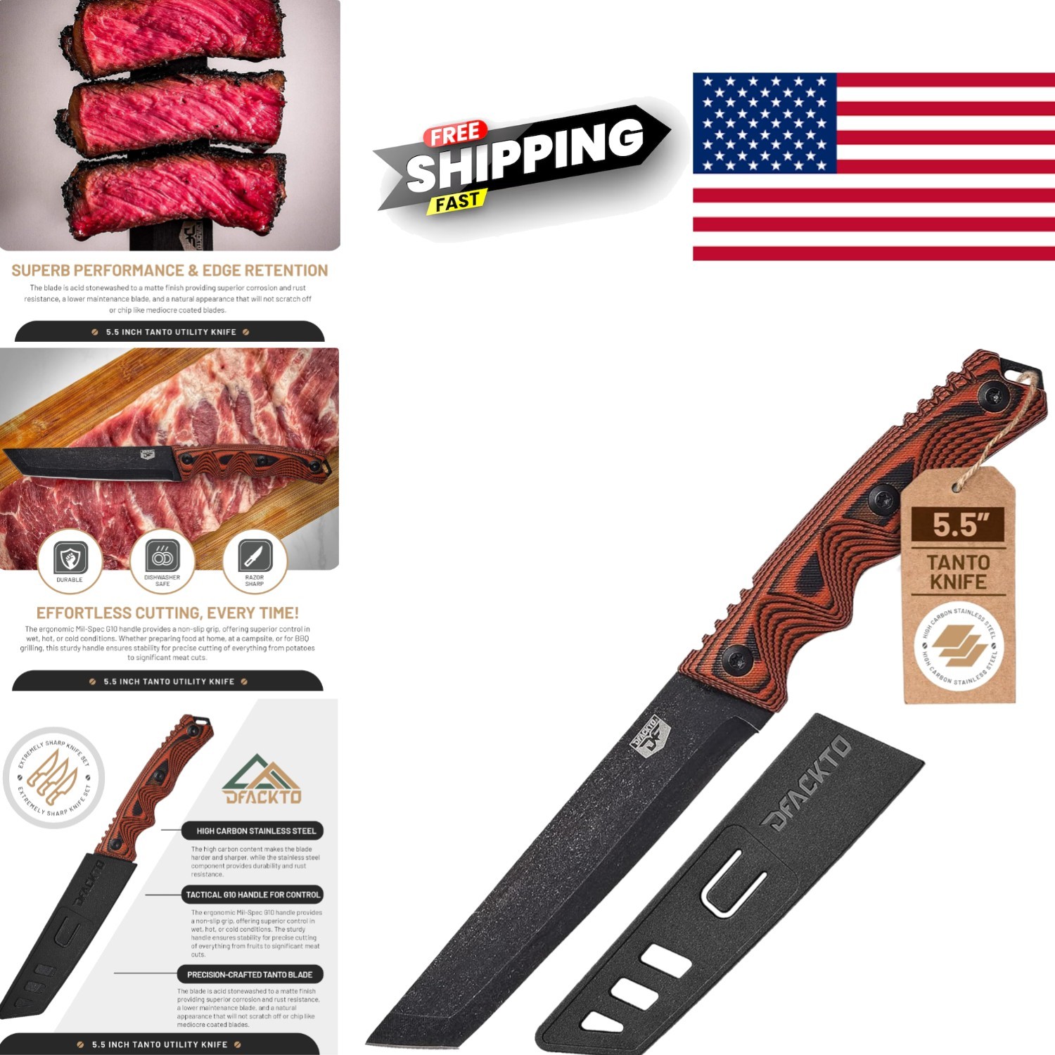 5.5 Inch Tanto Blade High Carbon Steel For Kitchen And Camping
