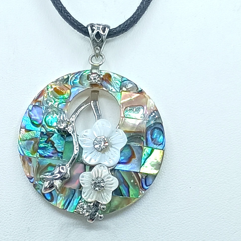 Lee Sands Pendant Necklace Abalone Inlay MOP 3D Carved Flower CZ Sterling Silver - Image 3 of 4