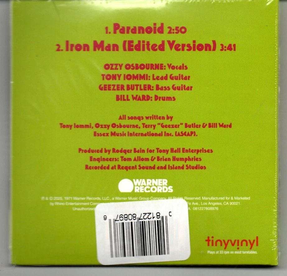 BLACK SABBATH: PARANOID / IRON MAN (EDIT) TINY VINYL TARGET EXCLUSIVE OZZY - Image 2 of 2