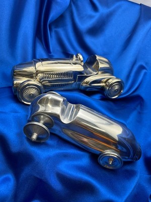 2 Vintage Style Hand Cast Aluminum Race Cars Art Deco Soapbox Derby Indy Teather