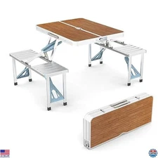 VINGLI 4 Ft Folding Camping Picnic Table Set with 4 Seats & Umbrella Hole, 220